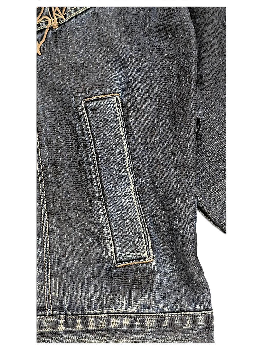JAKE & IPI Johnny Blaze dark blue denim jacket featuring a vertical welt pocket and contrast stitching detail.