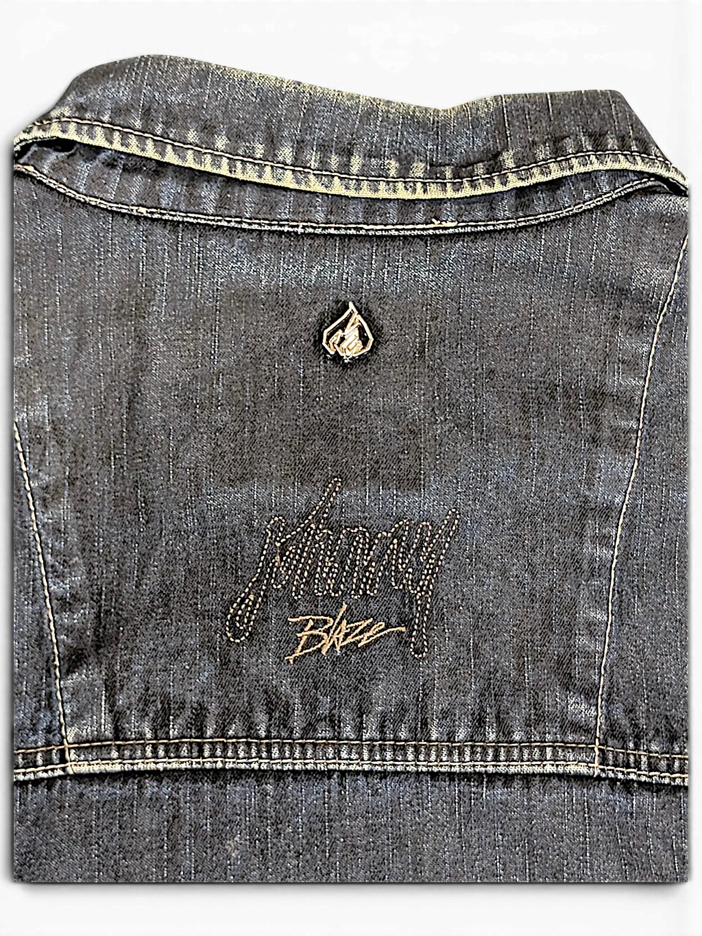 JAKE & IPI Johnny Blaze dark wash denim jacket featuring embroidered logo and flame detail on the back yoke