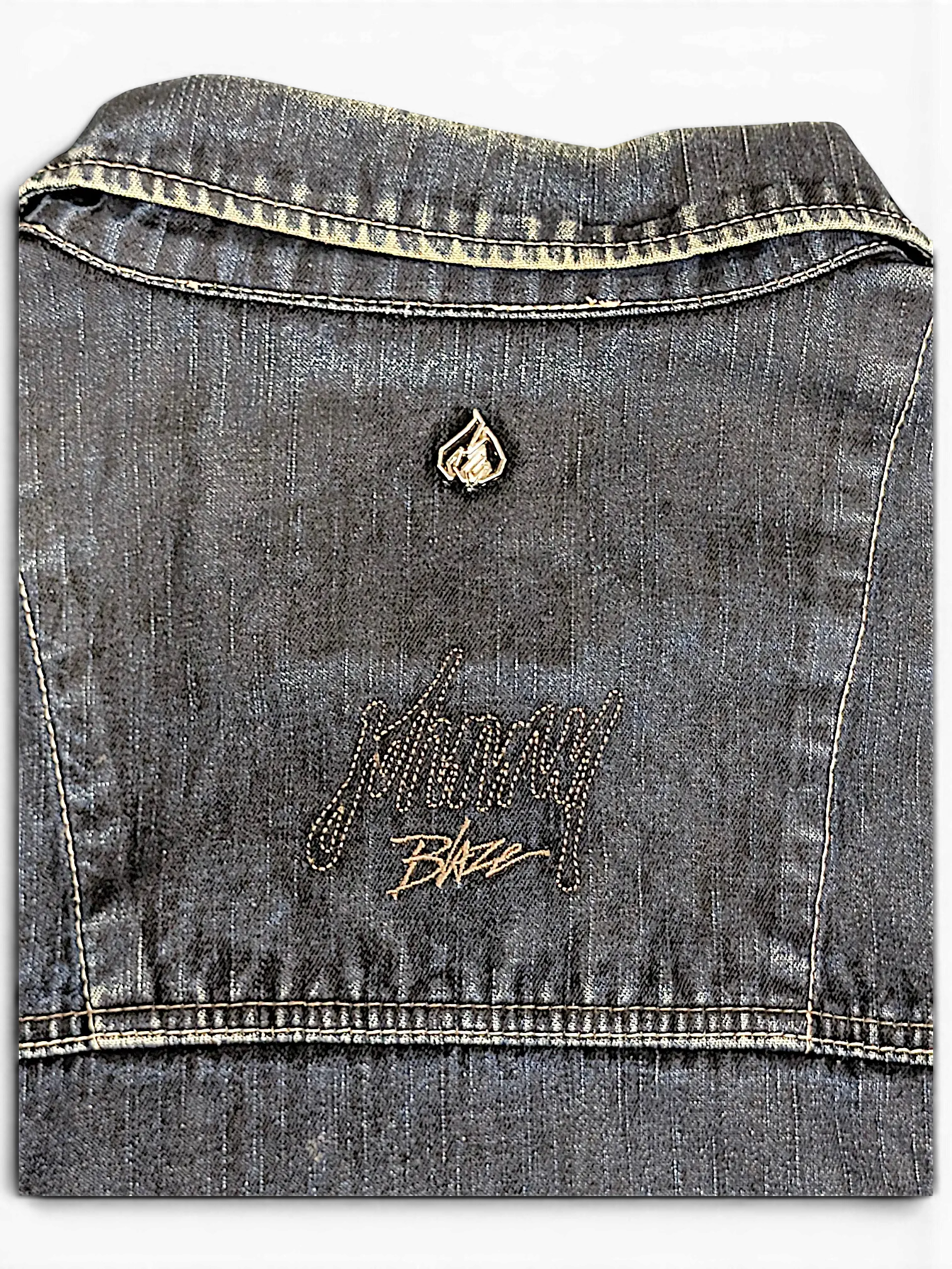 JAKE & IPI Johnny Blaze dark wash denim jacket featuring embroidered logo and flame detail on the back yoke