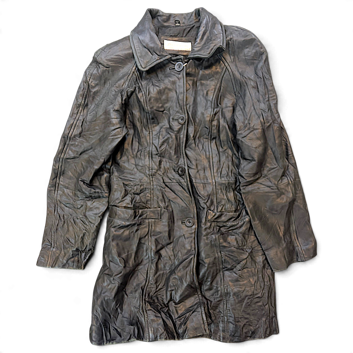 Jones New York Black Genuine Leather Long Coat – Size Unmarked – front view.