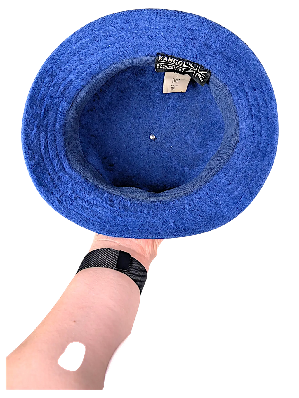 JAKE & IPI Kangol Fugora -ämpärihattu kirkkaan sinisessä pörröisessä materiaalissa, sisäpuoli näkyvissä