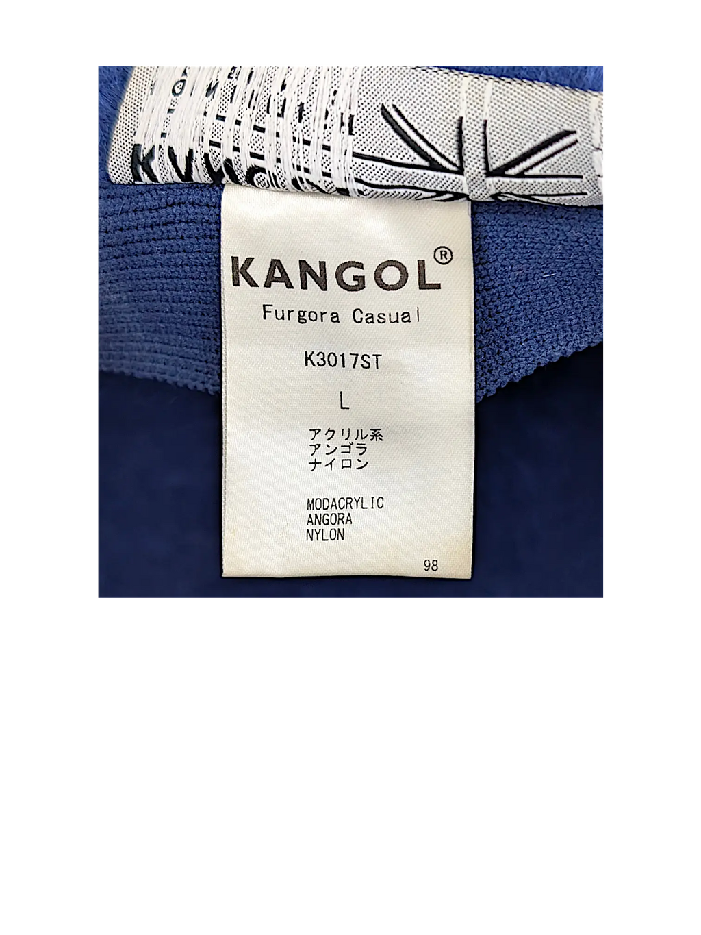 JAKE & IPI Kangol Fugora -ämpärihatun sisäpuolen tuotemerkki ja kokolappu, jossa näkyy materiaalitiedot