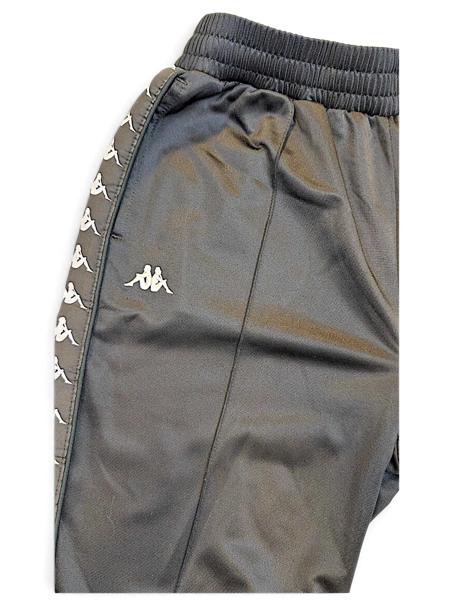 JAKE & IPI pre-owned black Kappa track pants with white Omini logo side tape and embroidered logo detail
