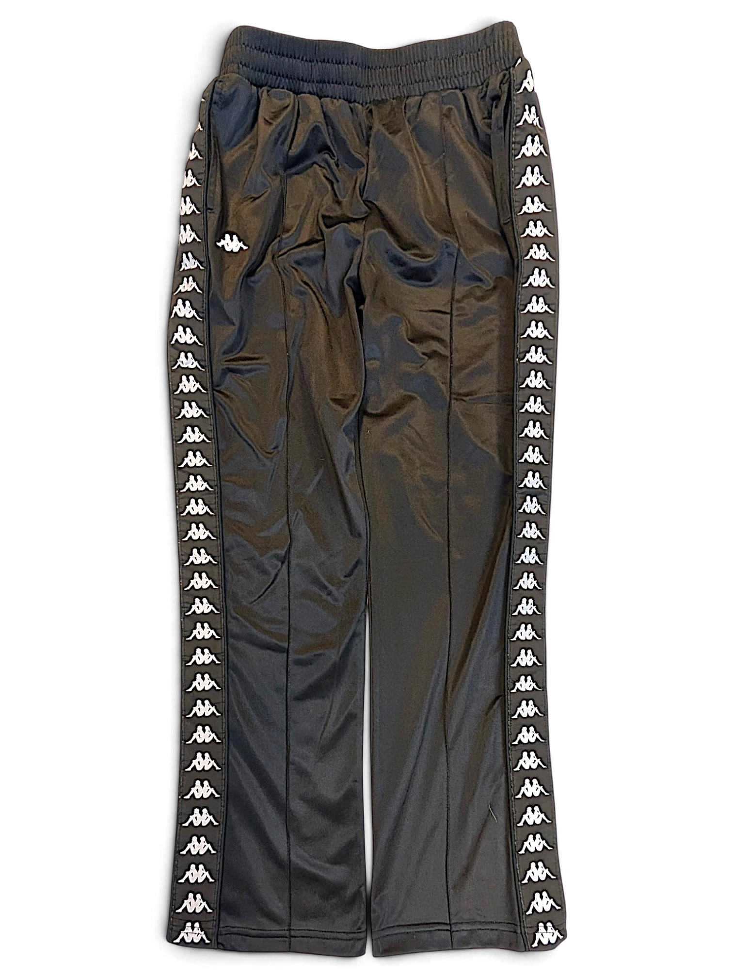 JAKE & IPI pre-owned Kappa black track pants with white Omini logo tape down the sides and an elasticated waist.