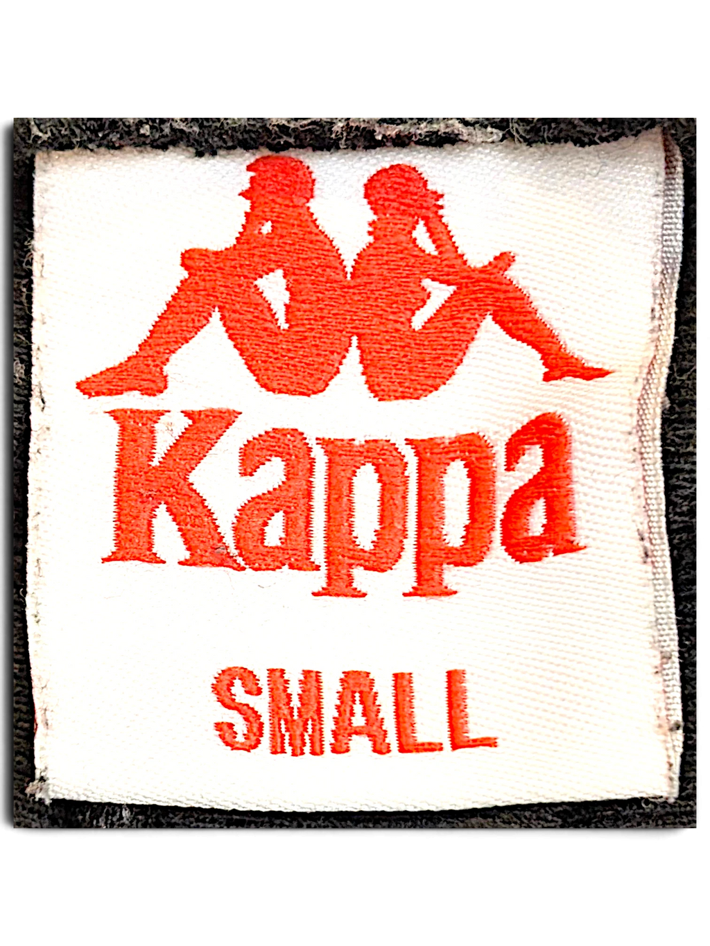 JAKE & IPI Kappa track pants size small clothing label with red embroidered logo on white fabric
