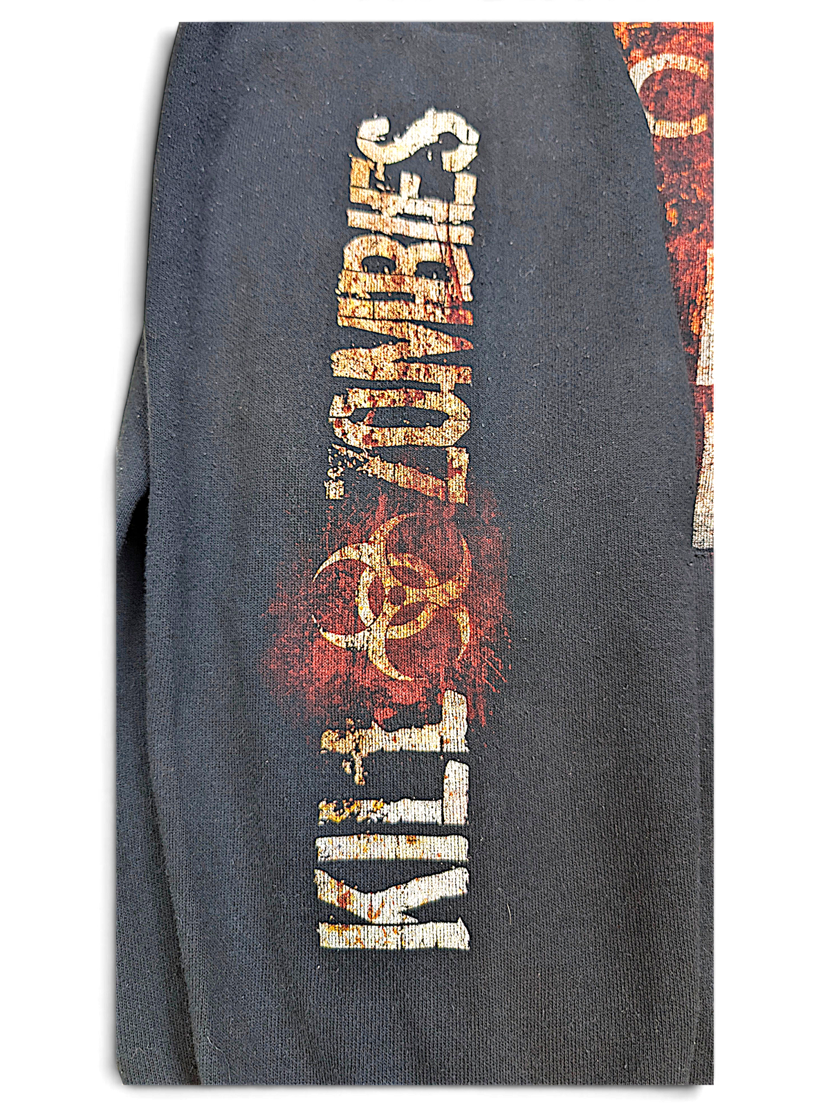 JAKE & IPI black hoodie sleeve featuring distressed Kill Zombies text and a biohazard symbol graphic