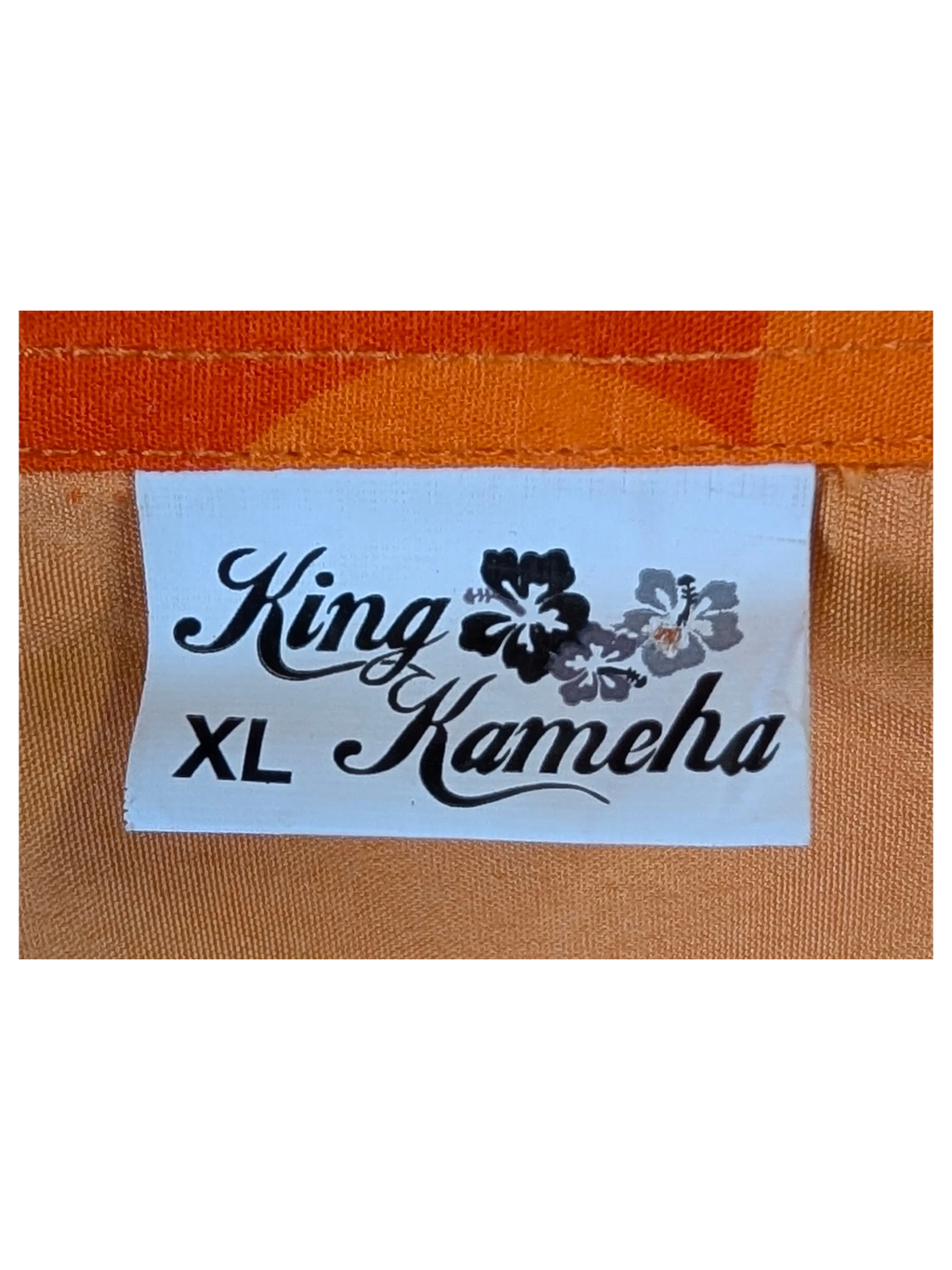JAKE & IPI King Kameha Hawaiian shirt XL size clothing label on orange fabric