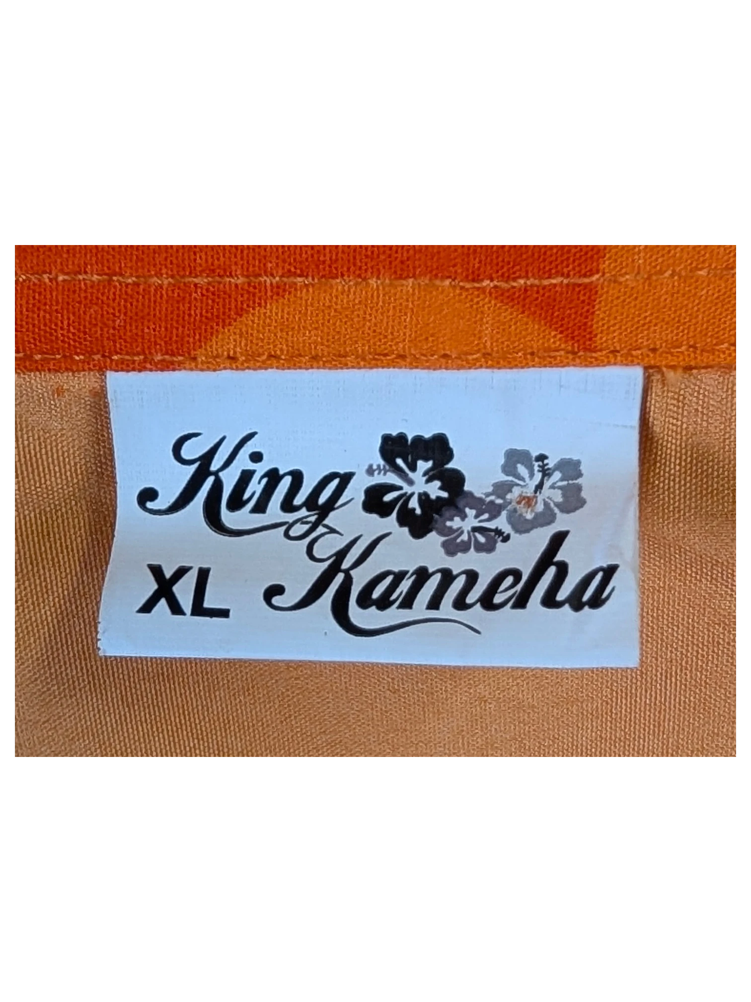 JAKE & IPI King Kameha Hawaiian shirt XL size clothing label on orange fabric