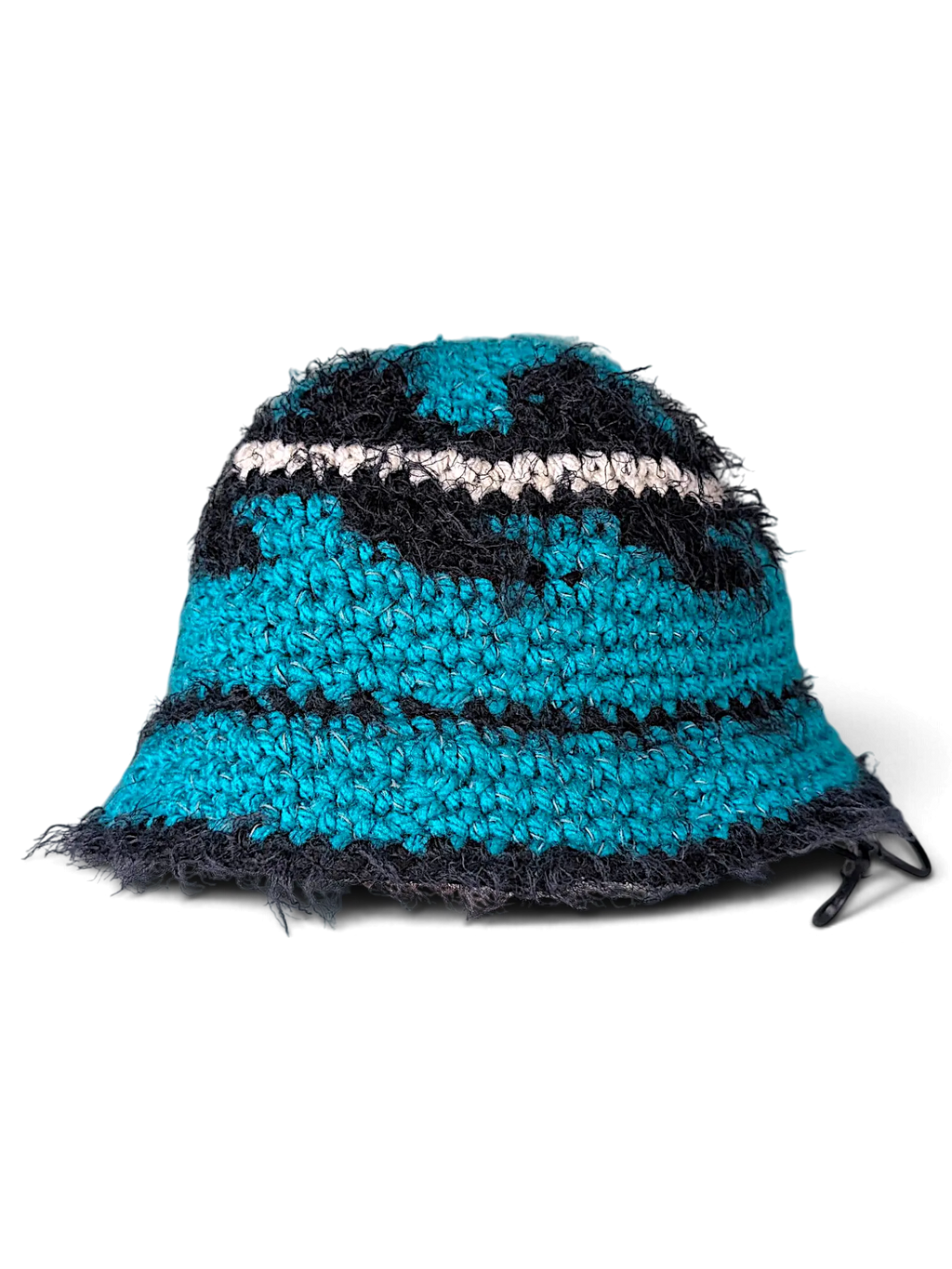 JAKE & IPI IBE knitted bucket hat in teal and black with textured fringe details and a white stripe accent.
