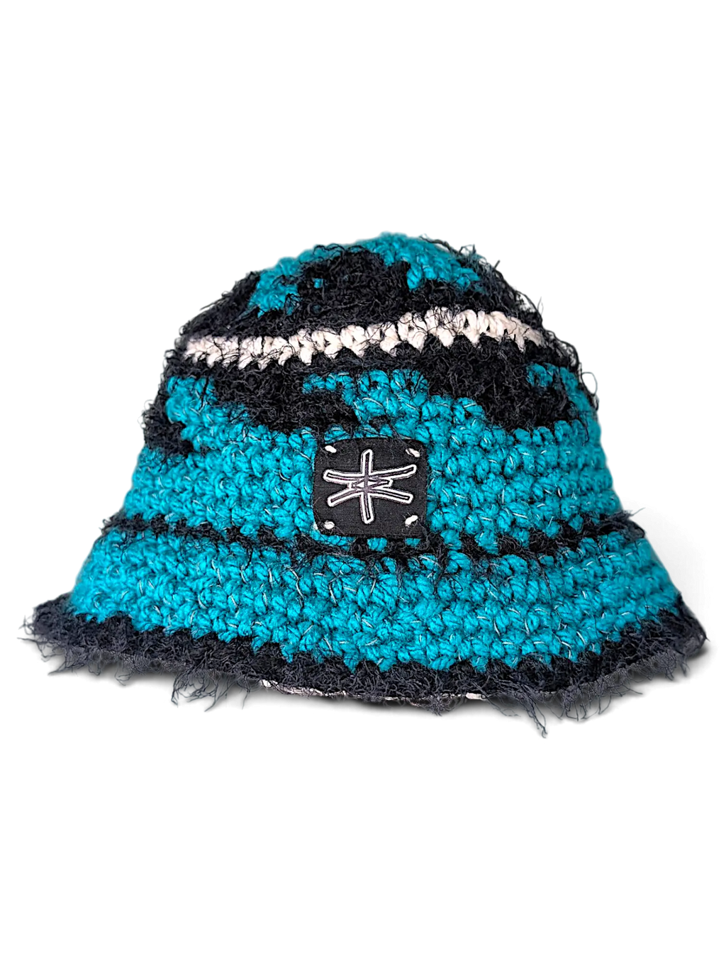 JAKE & IPI IBE knitted bucket hat in teal and black with a textured crochet finish and branded patch detail