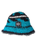 JAKE & IPI IBE knitted bucket hat in teal and black with a textured crochet finish and branded patch detail