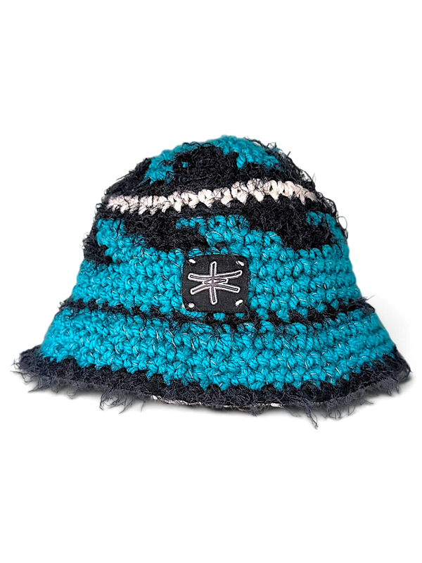 JAKE & IPI IBE knitted bucket hat in teal and black with a textured crochet finish and branded patch detail