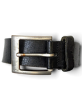 JAKE & IPI Konfection black leather belt featuring a brushed silver metal buckle held in a hand.