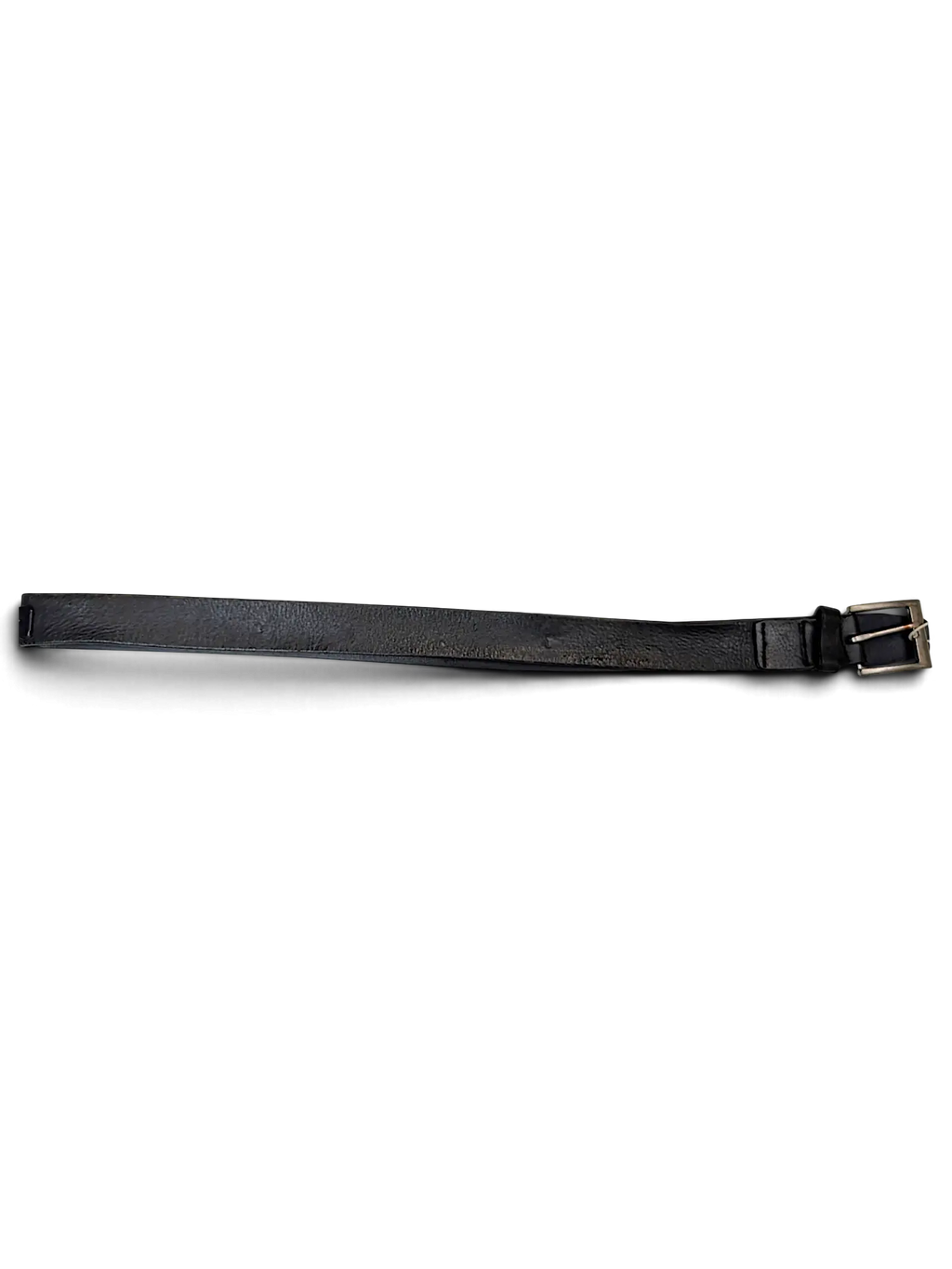 JAKE & IPI Konfection black leather belt with a silver-toned metal buckle on a plain white background