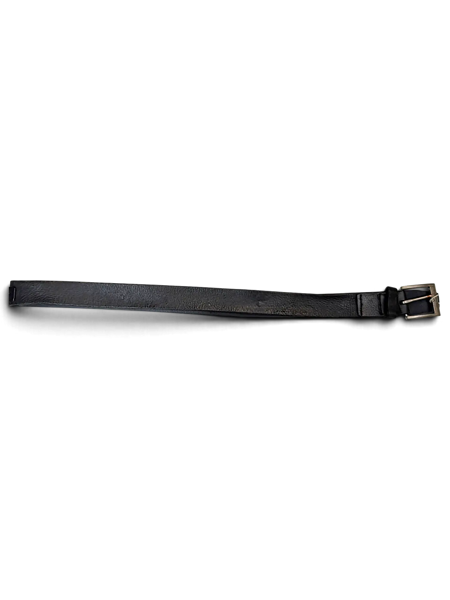 JAKE & IPI Konfection black leather belt with a silver-toned metal buckle on a plain white background