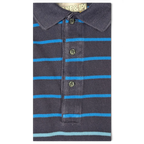 JAKE & IPI pre-owned Lacoste navy polo shirt featuring horizontal blue, grey, and beige stripes and a button placket.