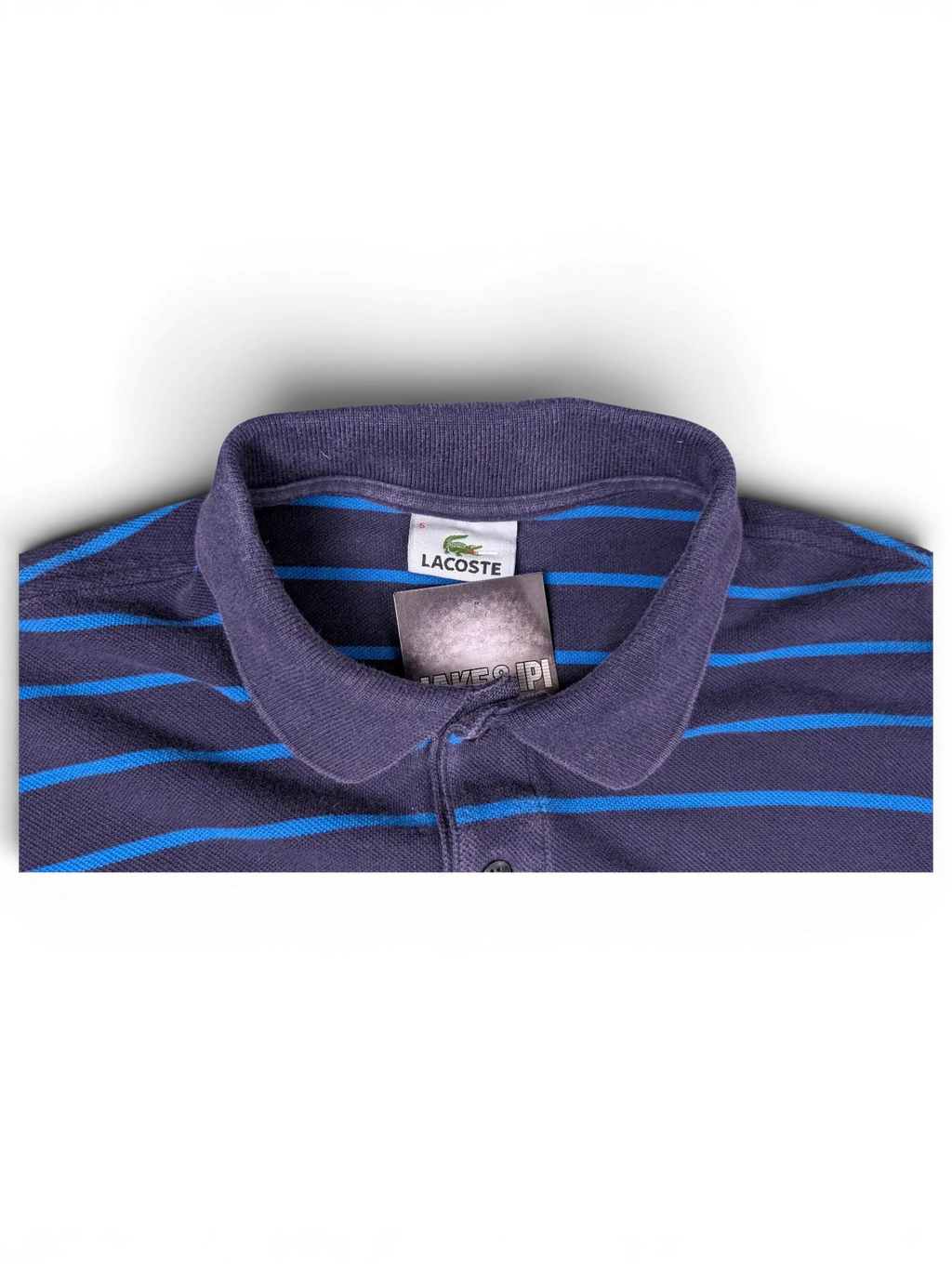 JAKE & IPI pre-owned Lacoste navy polo shirt with blue horizontal stripes and iconic embroidered crocodile logo