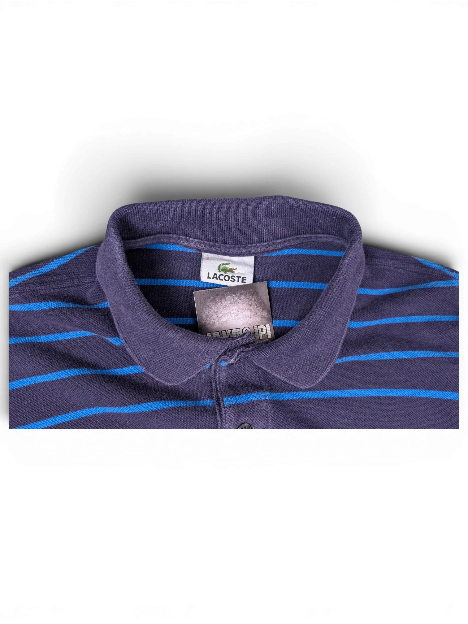 JAKE & IPI pre-owned Lacoste navy polo shirt with blue horizontal stripes and iconic embroidered crocodile logo