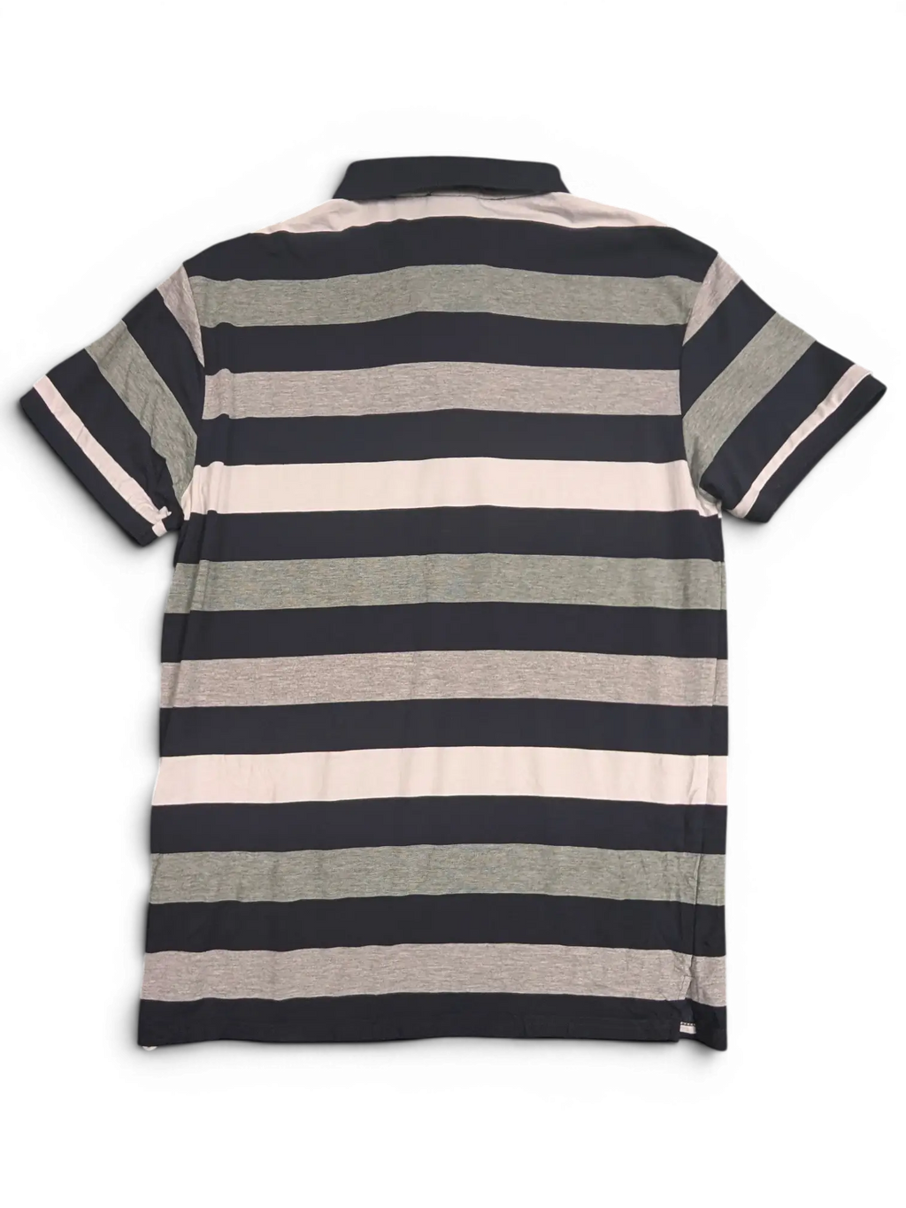 JAKE & IPI pre-owned Lacoste polo shirt featuring navy, grey, and white horizontal stripes, back view.