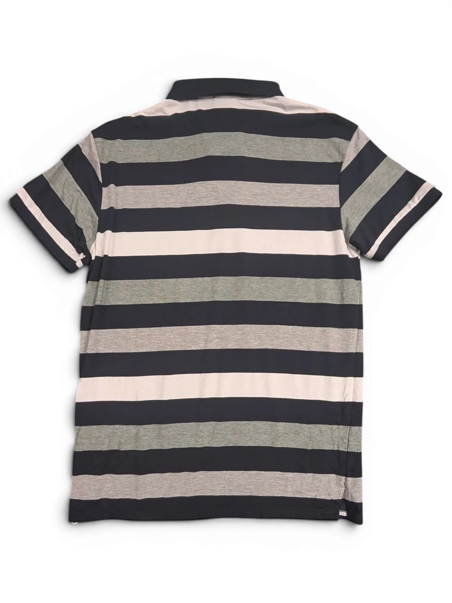 JAKE & IPI pre-owned Lacoste polo shirt featuring navy, grey, and white horizontal stripes, back view.