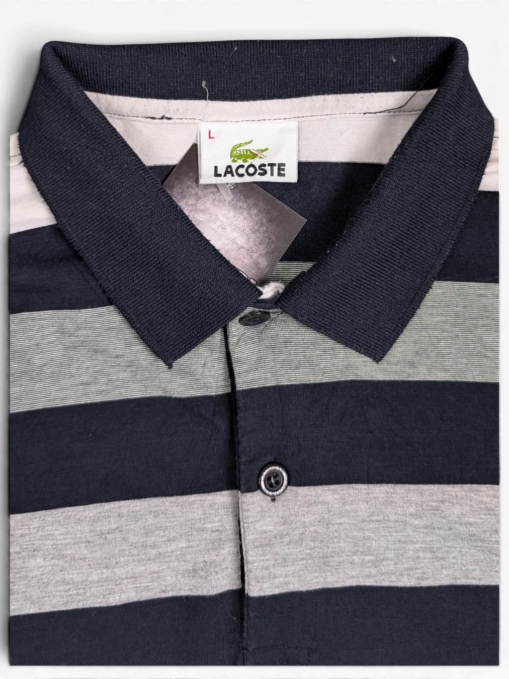 JAKE & IPI pre-owned Lacoste navy, grey, and white horizontal striped polo shirt with embroidered crocodile logo