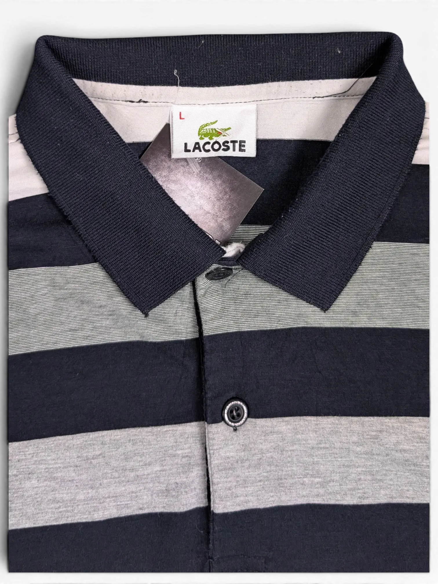JAKE & IPI pre-owned Lacoste navy, grey, and white horizontal striped polo shirt with embroidered crocodile logo