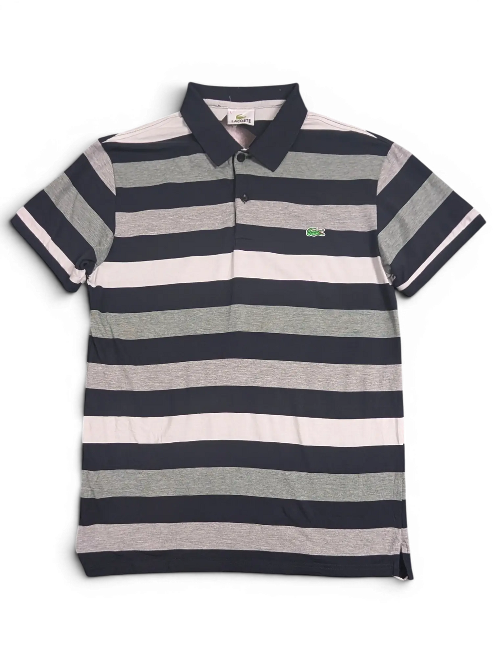 JAKE & IPI pre-owned Lacoste polo shirt featuring navy, grey, and white horizontal stripes with a crocodile logo.