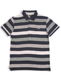JAKE & IPI pre-owned Lacoste polo shirt featuring navy, grey, and white horizontal stripes with a crocodile logo.