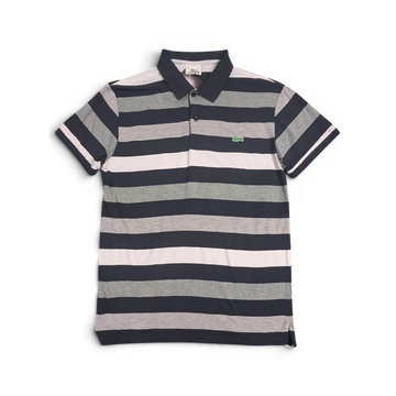 JAKE & IPI käytetty Lacoste-pikeepaita tummansinisillä, harmailla ja valkoisilla vaakaraidoilla ja krokotiililogolla.