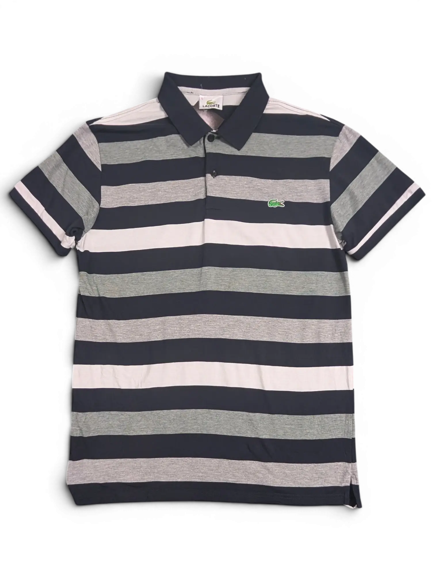 JAKE & IPI pre-owned Lacoste polo shirt featuring navy, grey, and white horizontal stripes with a crocodile logo.