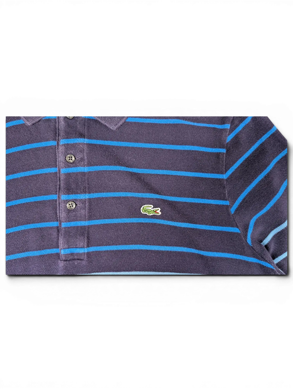 JAKE & IPI pre-owned Lacoste navy polo shirt with blue, grey, and beige horizontal stripes and crocodile logo