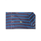 JAKE & IPI pre-owned Lacoste navy polo shirt with blue, grey, and beige horizontal stripes and crocodile logo