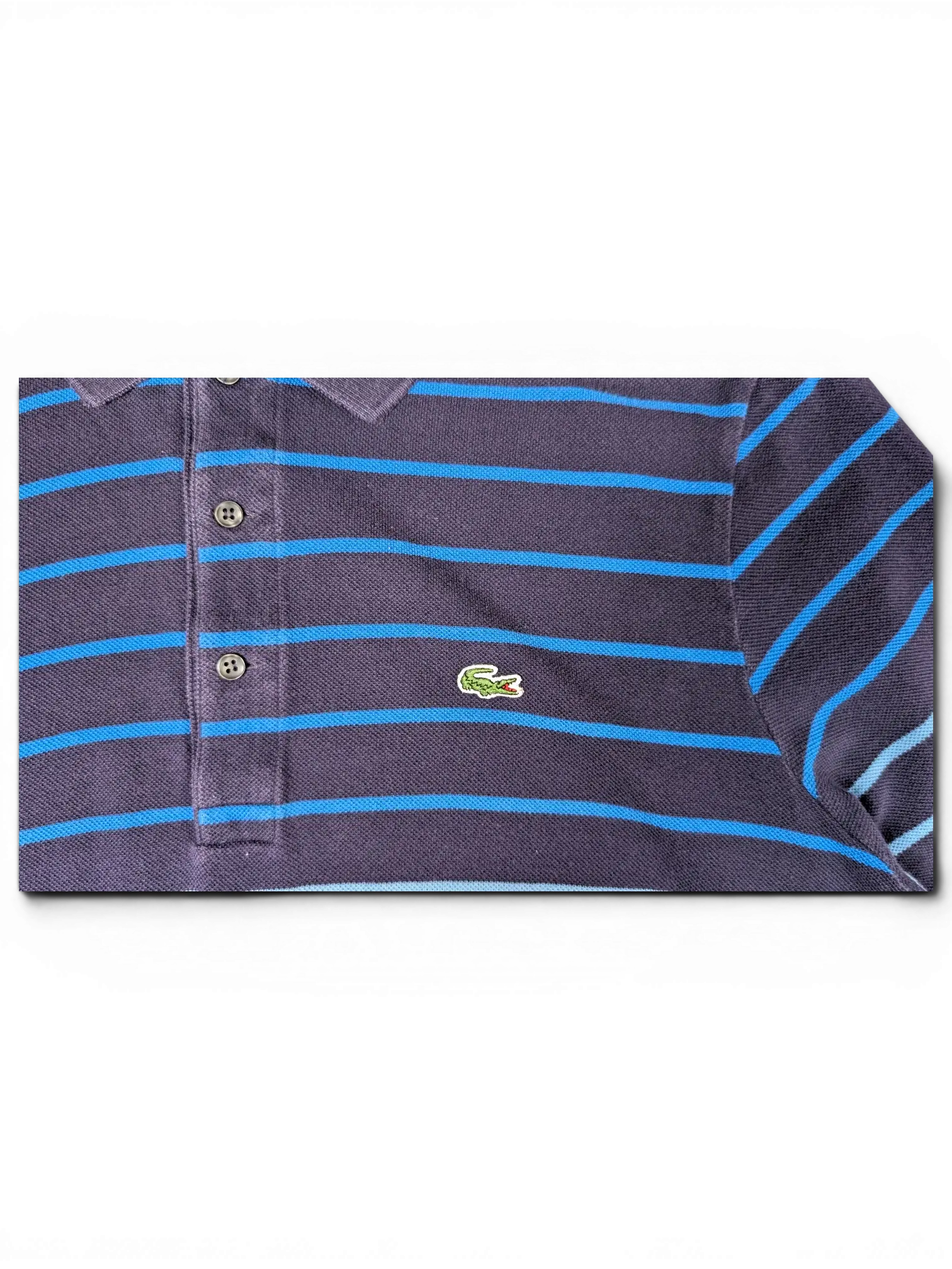 JAKE & IPI pre-owned Lacoste navy polo shirt with blue, grey, and beige horizontal stripes and crocodile logo