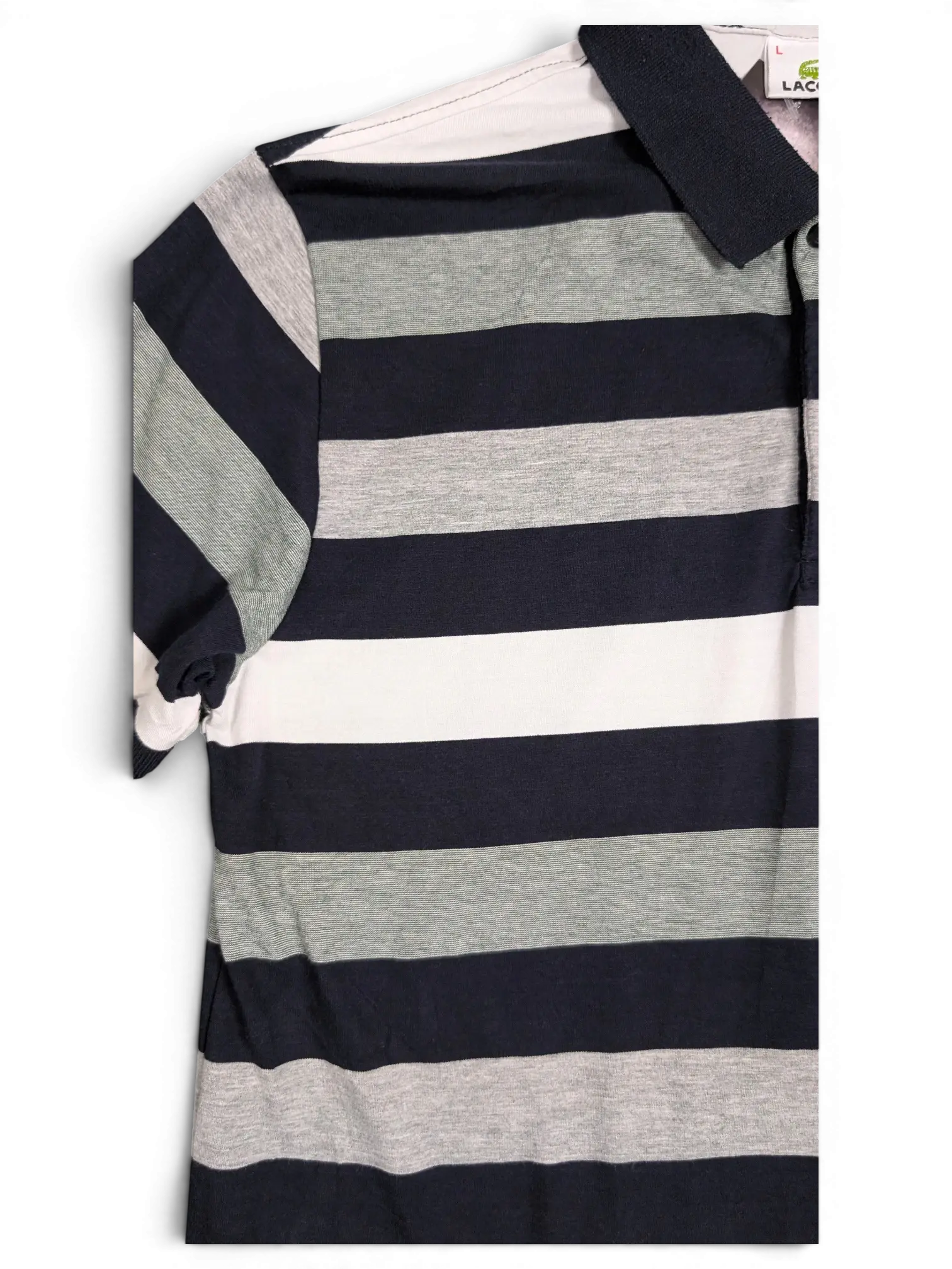 JAKE & IPI pre-owned Lacoste polo shirt featuring navy, grey, and white horizontal stripes and a classic collar.