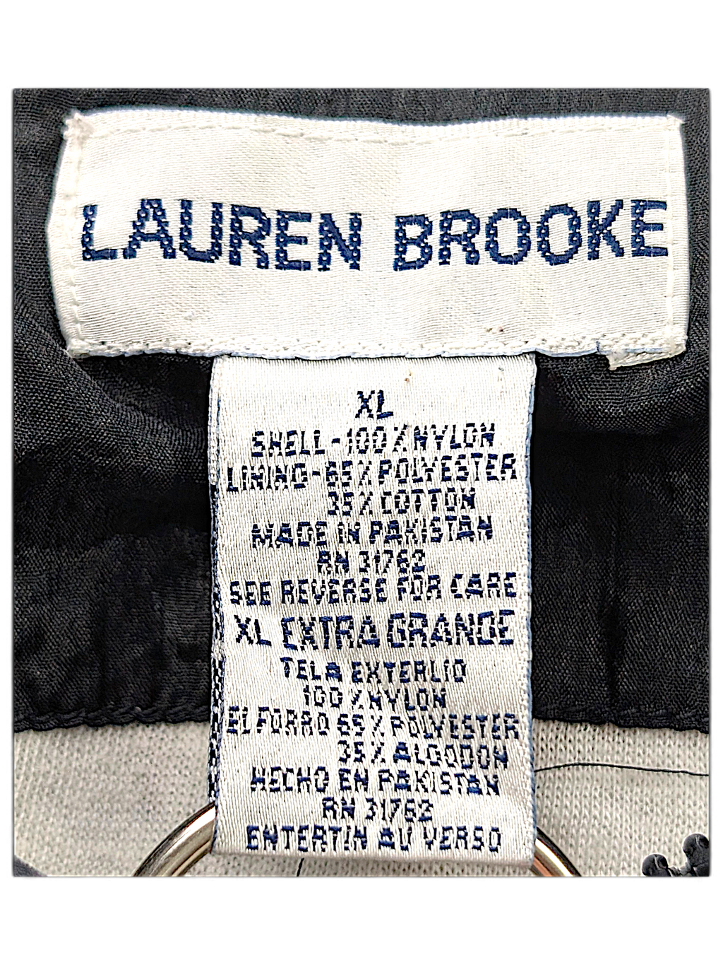 Lauren Brooke Black Baroque Chain Print Windbreaker – XL; detail view showing fabric, construction, label or condition (image 3 of 4).