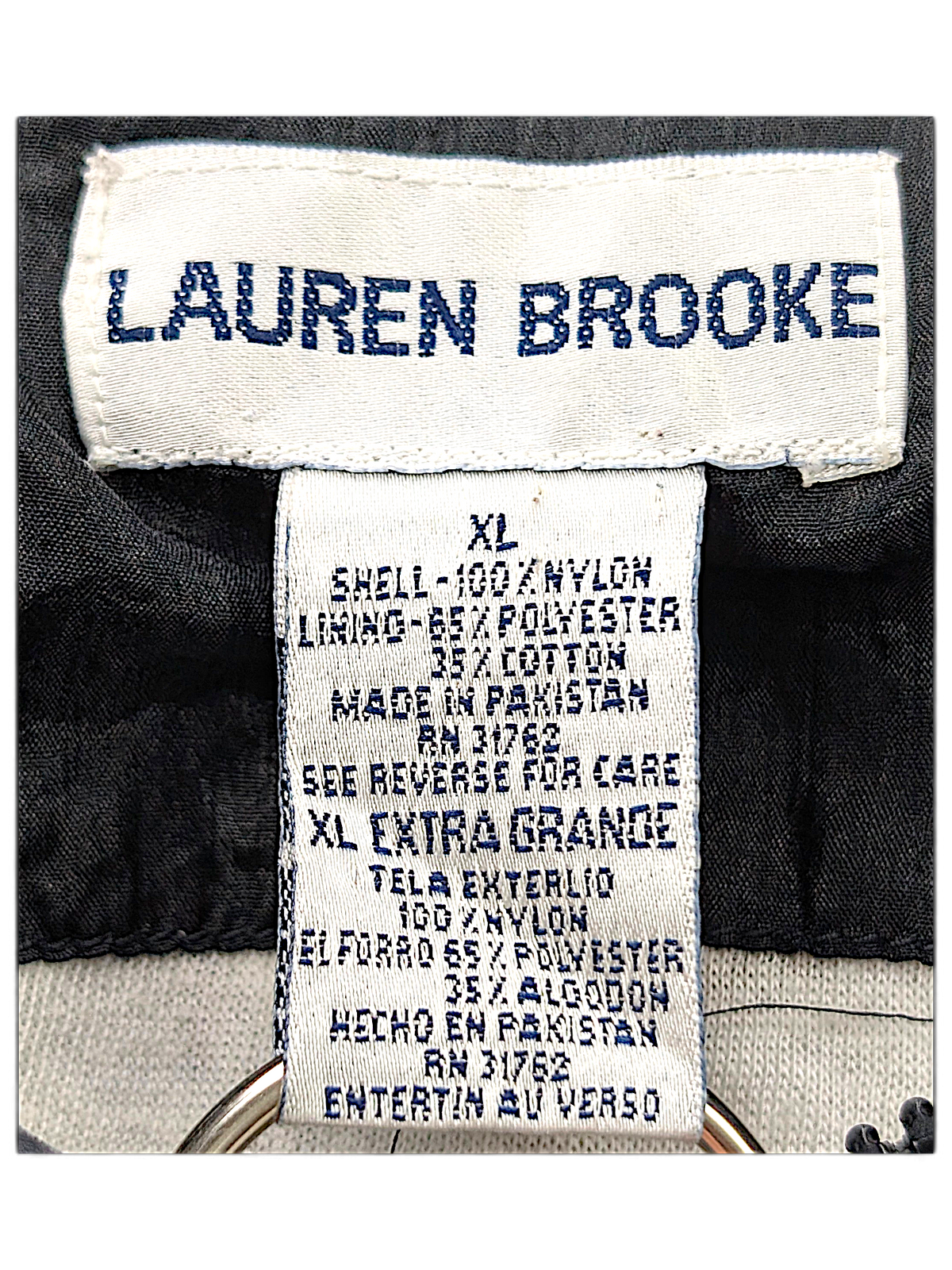 Lauren Brooke Black Baroque Chain Print Windbreaker – XL; detail view showing fabric, construction, label or condition (image 3 of 4).