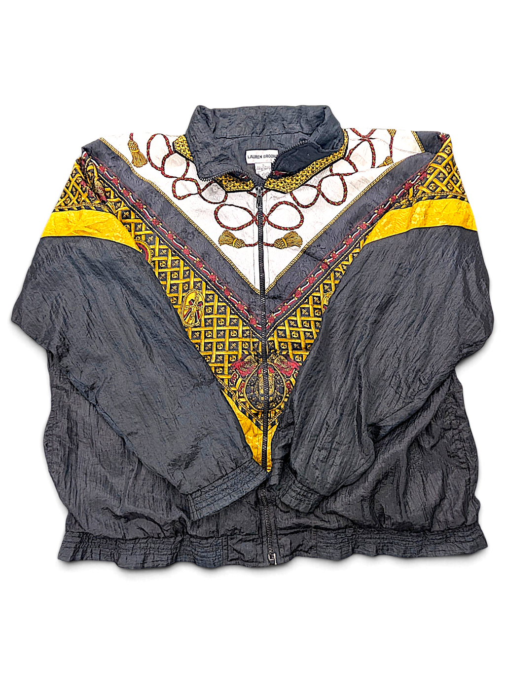 Lauren Brooke Black Baroque Chain Print Windbreaker – XL; front view (image 1 of 4).