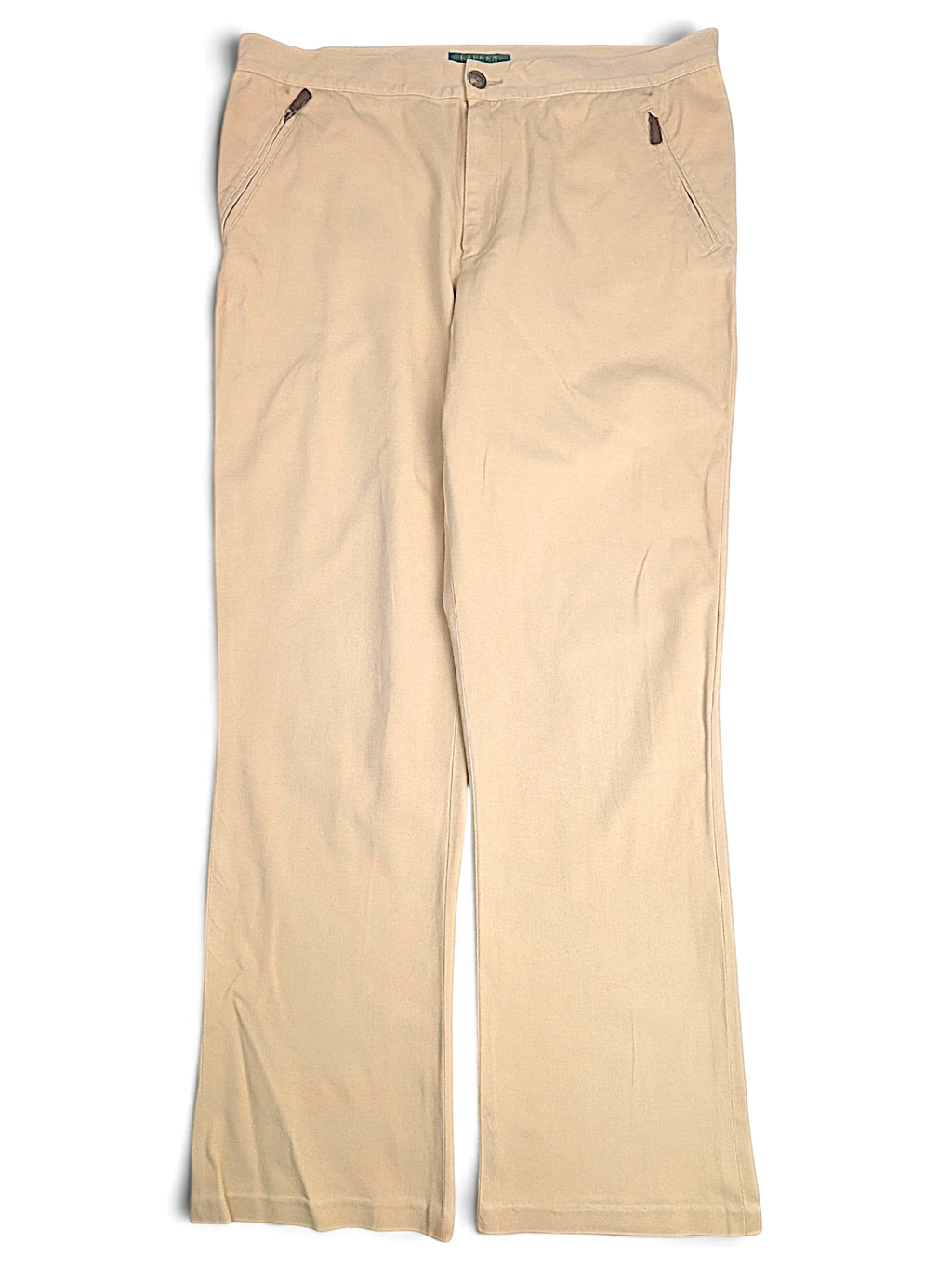 JAKE & IPI pre-owned Lauren Ralph Lauren beige tailored trousers with front zip pockets and a straight leg fit.