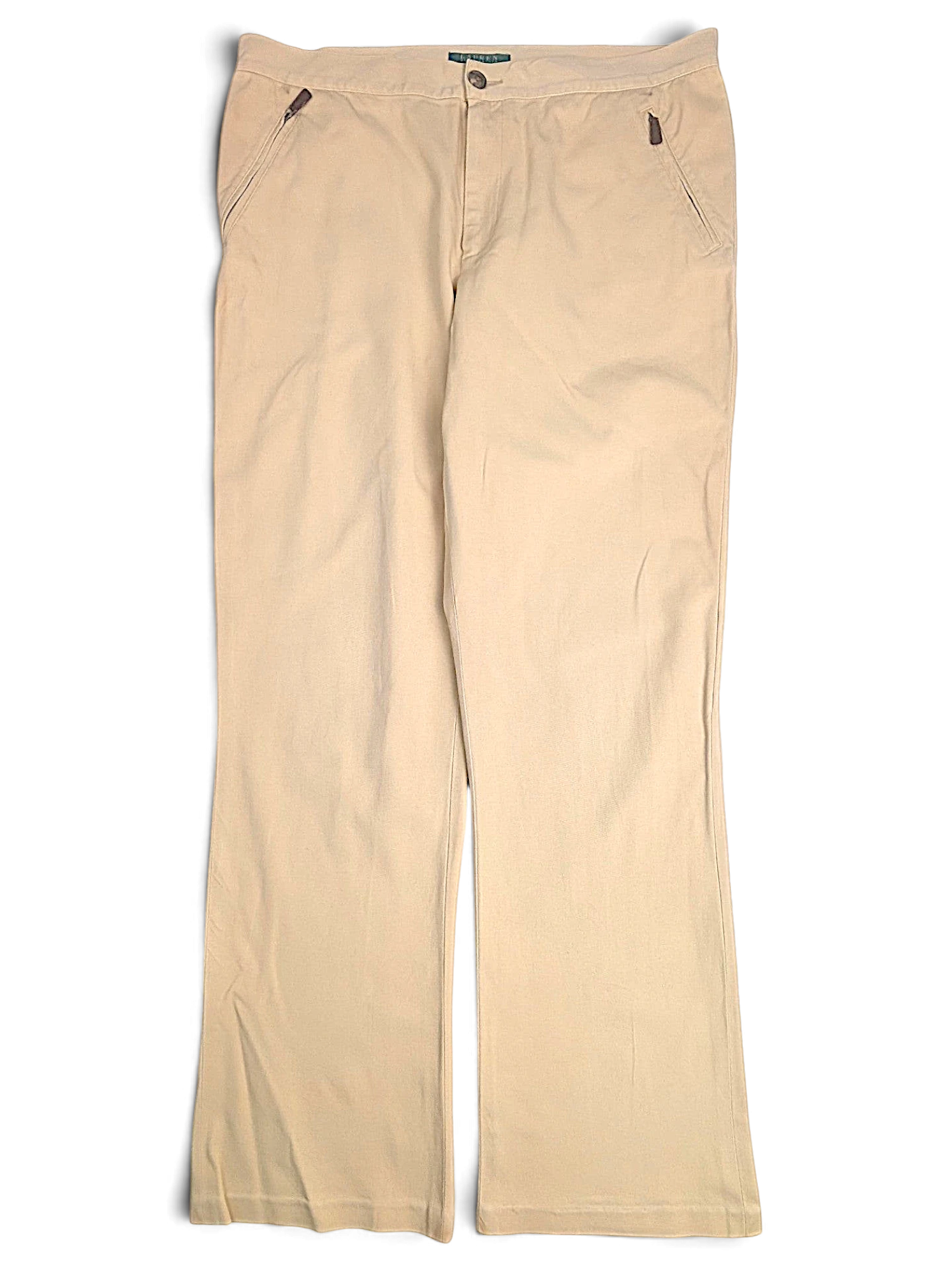 JAKE & IPI pre-owned Lauren Ralph Lauren beige tailored trousers with front zip pockets and a straight leg fit.