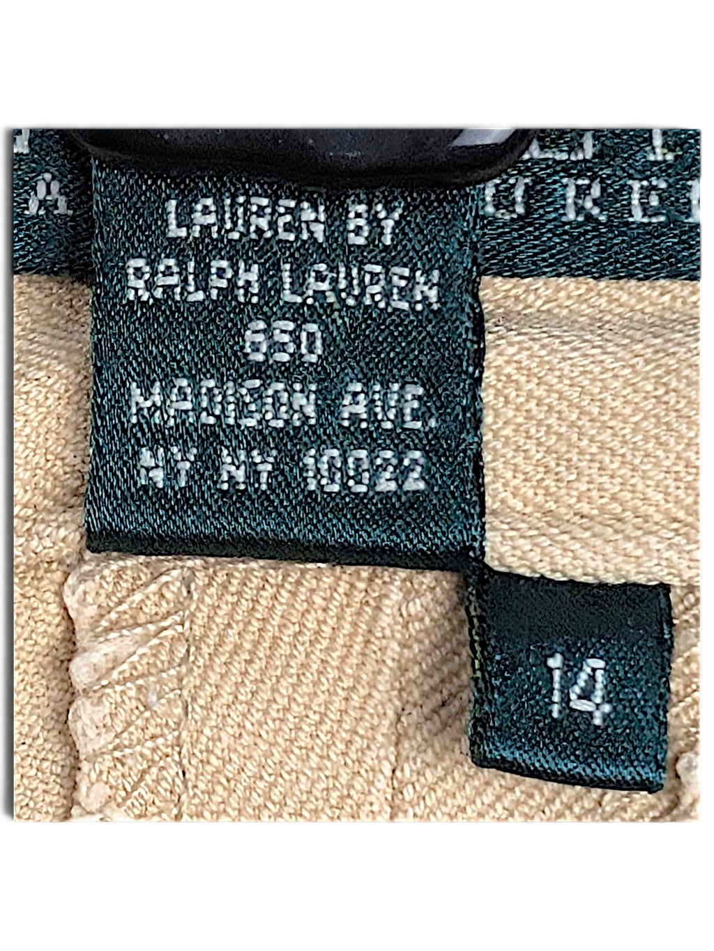JAKE & IPI Lauren Ralph Lauren beige trousers size 14 clothing label detail