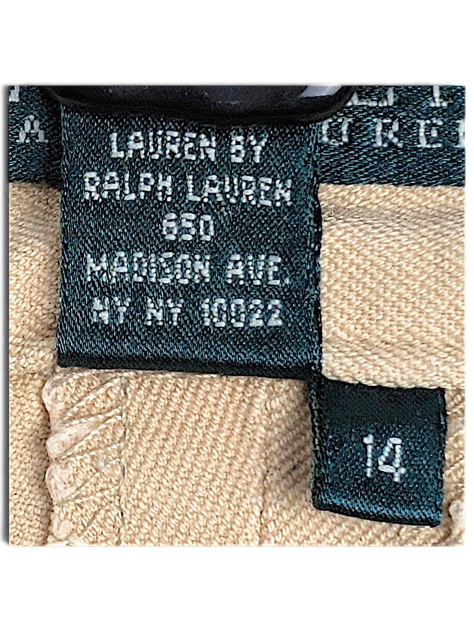 JAKE & IPI Lauren Ralph Lauren beige trousers size 14 clothing label detail