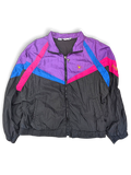 Le Coq Sportif Black and Purple Colourblock Windbreaker; Front view of the black, purple, blue and pink windbreaker.