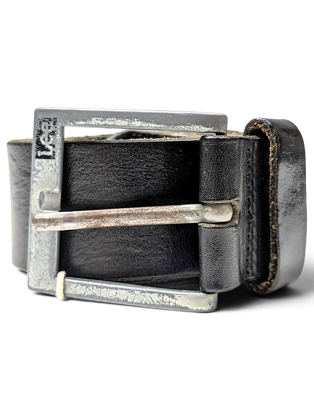 JAKE & IPI Lee black leather belt with a distressed silver-tone square buckle and embossed logo detail.