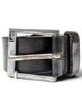 JAKE & IPI Lee black leather belt with a distressed silver-tone square buckle and embossed logo detail.