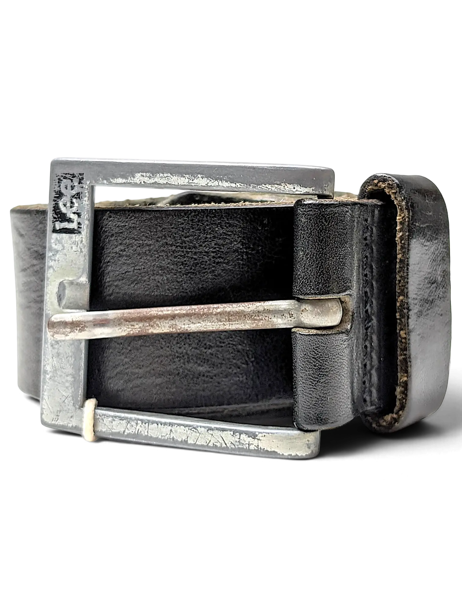 JAKE & IPI Lee black leather belt with a distressed silver-tone square buckle and embossed logo detail.
