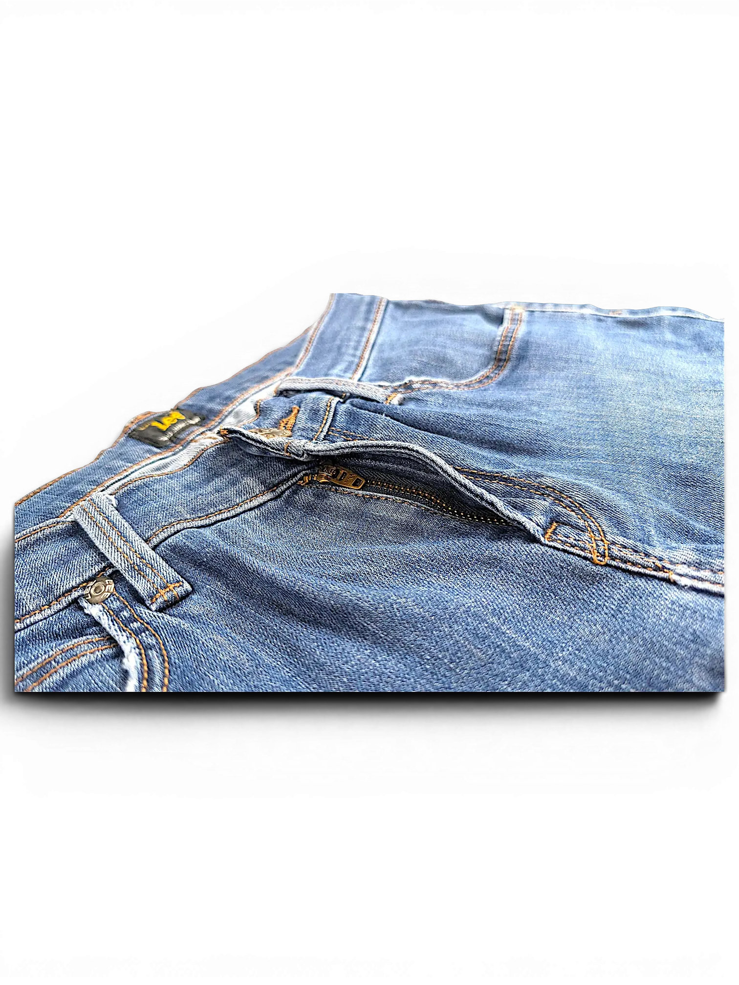 JAKE & IPI Lee Jade blue denim jeans featuring a zip fly, belt loops, and classic contrast stitching.
