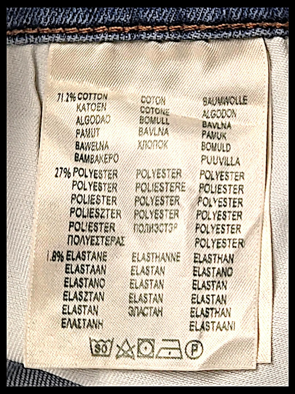 JAKE & IPI Lee Jade jeans interior care label showing cotton, polyester, and elastane fabric composition