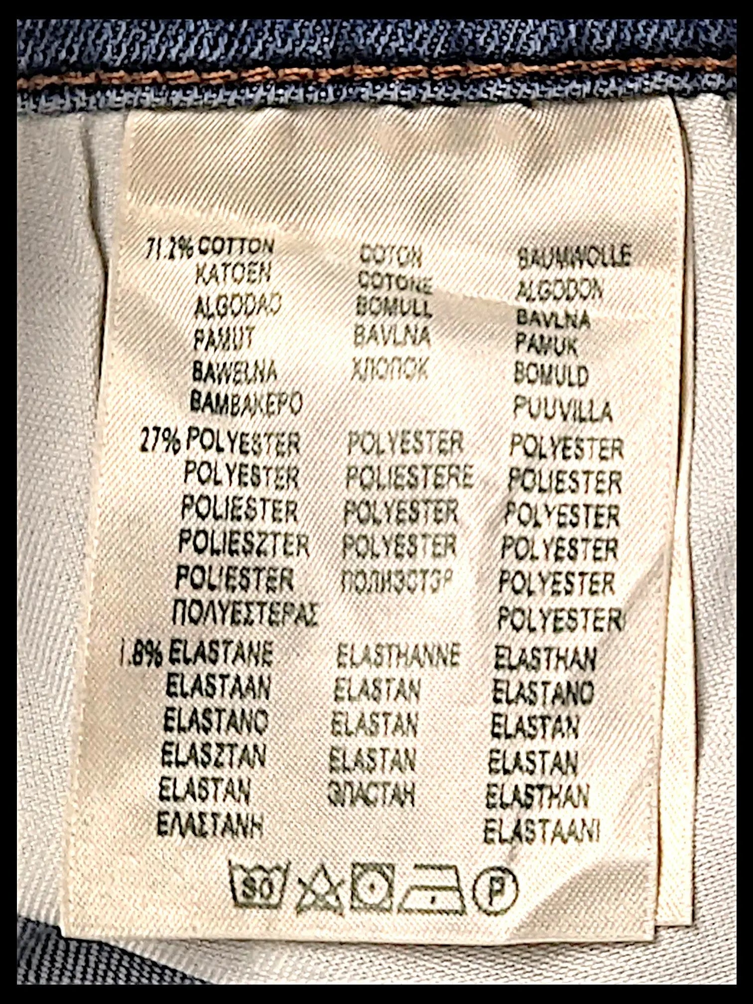 JAKE & IPI Lee Jade jeans interior care label showing cotton, polyester, and elastane fabric composition