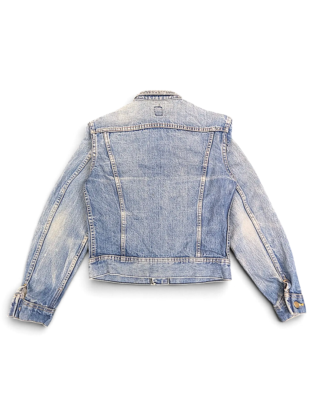 Back view of a light wash blue LEE denim jacket from JAKE & IPI, featuring classic stitching and a cropped fit.