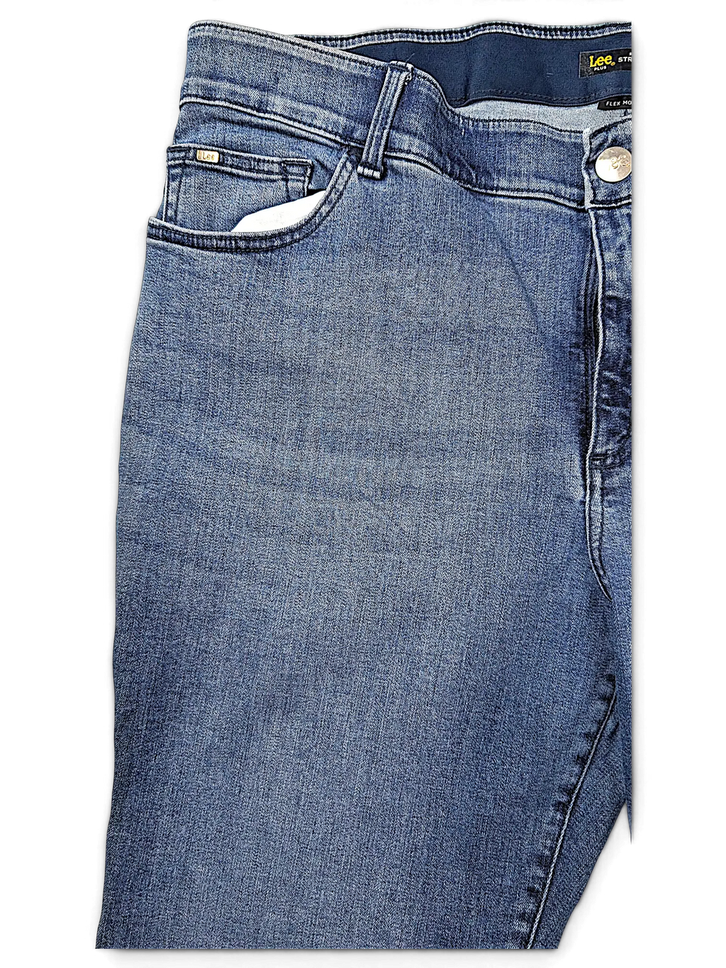 JAKE & IPI Lee Plus regular fit straight leg mid rise jeans in medium blue denim with a classic five-pocket design.